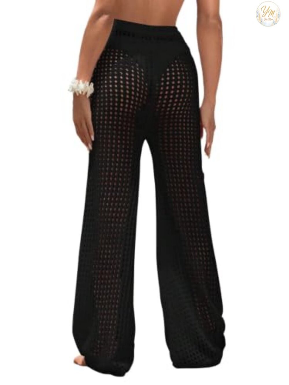 Wide Leg Crochet Beach Cover Up Pants Sheer High Waist Swimwear